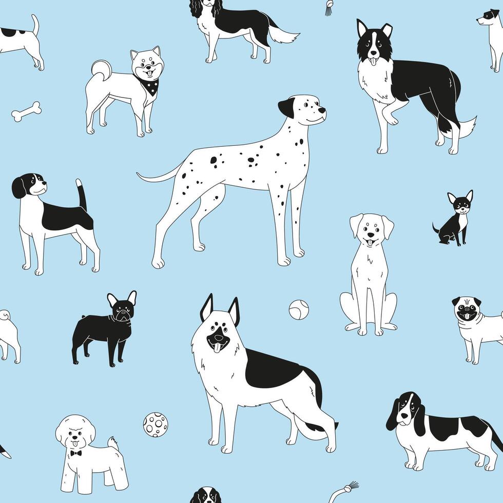 Dogs seamless pattern on blue background. Modern cartoon illustration of German Shepherd, Beagle, Chihuahua, Dalmatian and others for fabric or wrapping paper vector
