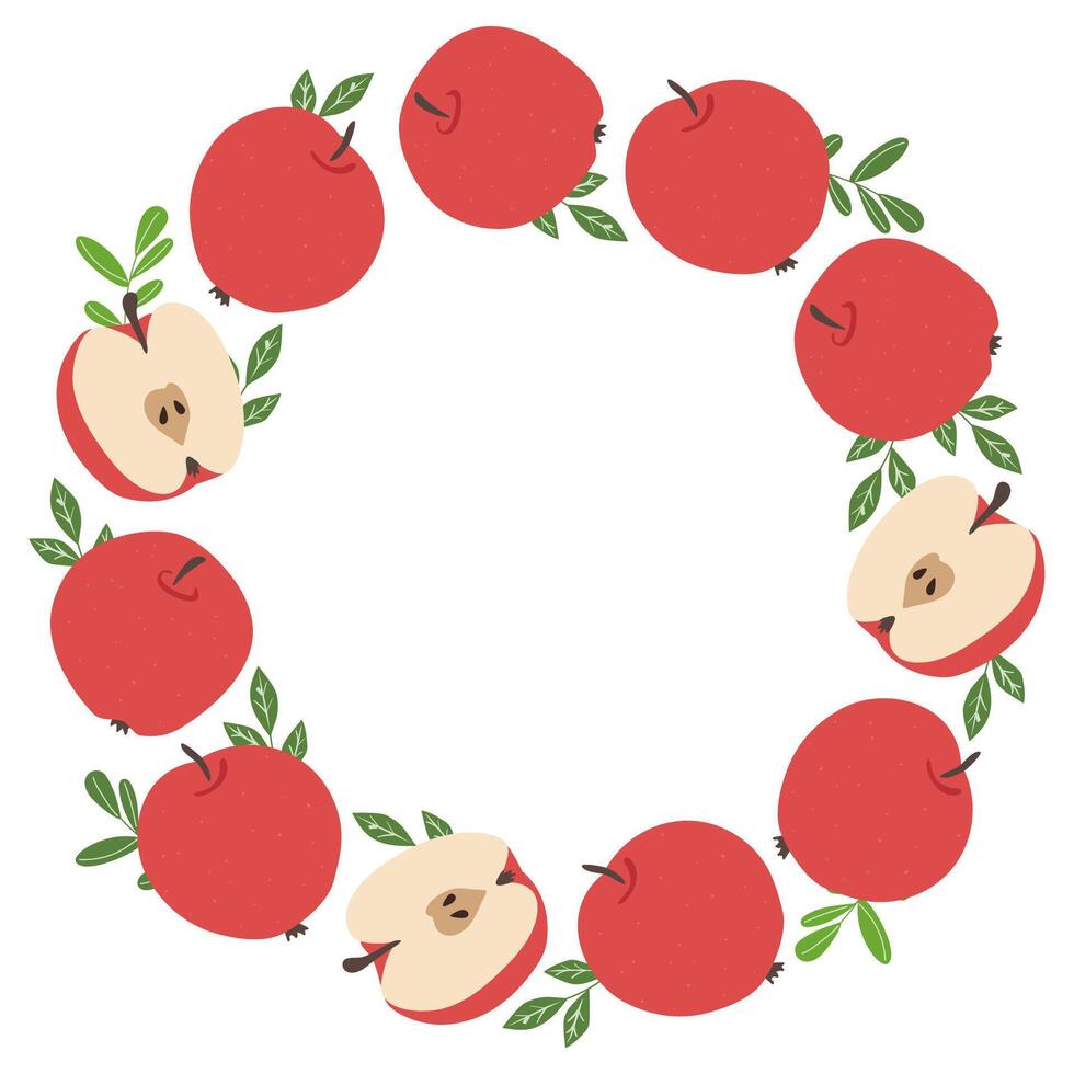 Round frame of red apples and green leaves. Fruit border illustration on white background. vector