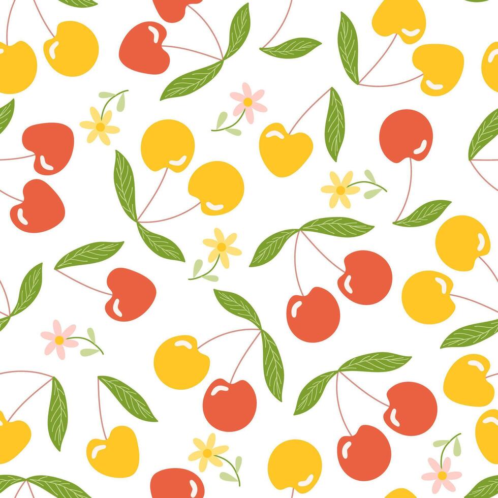 Cherry fruit seamless pattern with red and yellow cherry and green leaves. Berry background for food design and spring packaging. vector