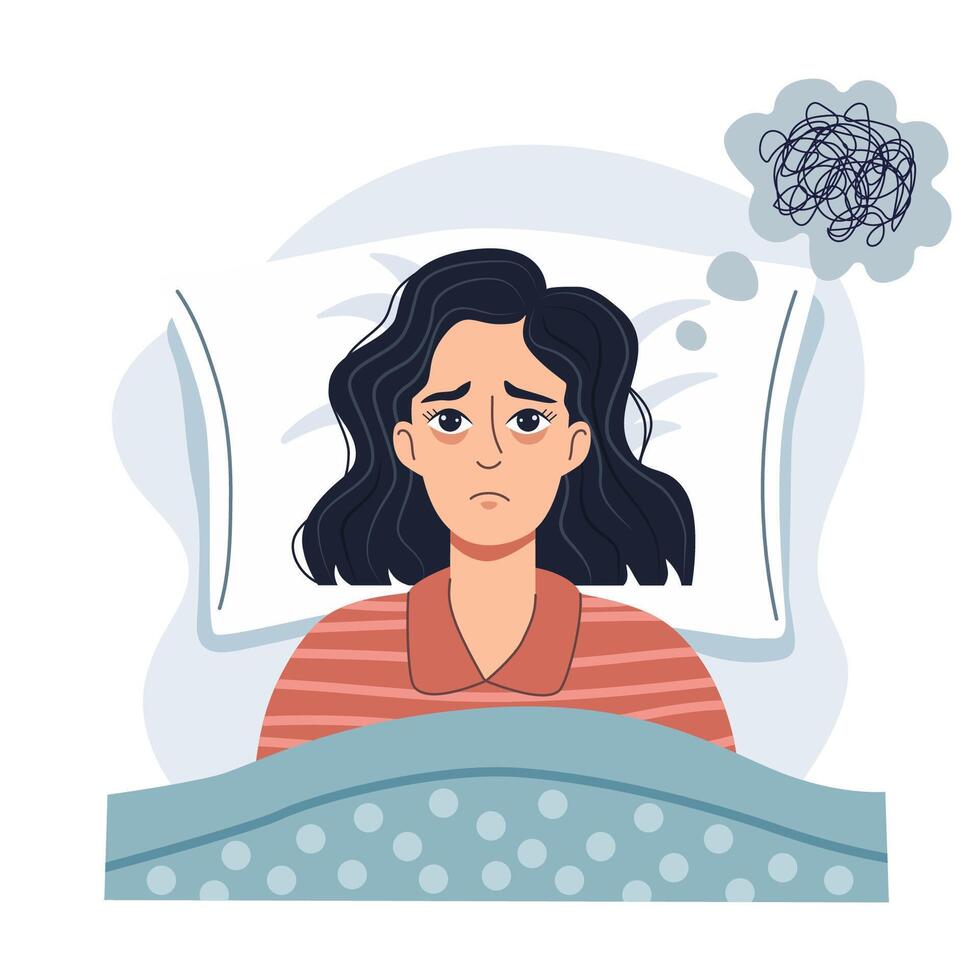 Woman with insomnia lying in bed full of stress, confused thoughts when she can't sleep, sleep problems. Flat graphic illustration isolated on white background vector