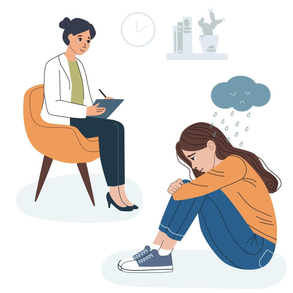 Woman talking to sad patient, psychotherapy session for treating mental health problems and depression. Psychologist consultation for patient, psychological help vector