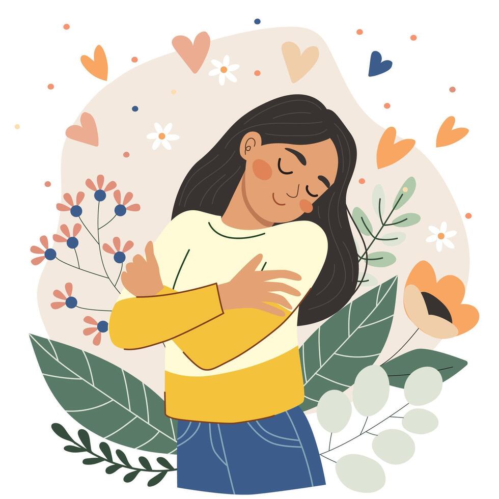 Teenage girl hugging herself with closed eyes surrounded by flowers and hearts. Self love and body positivity concept for mental health and wellbeing. vector