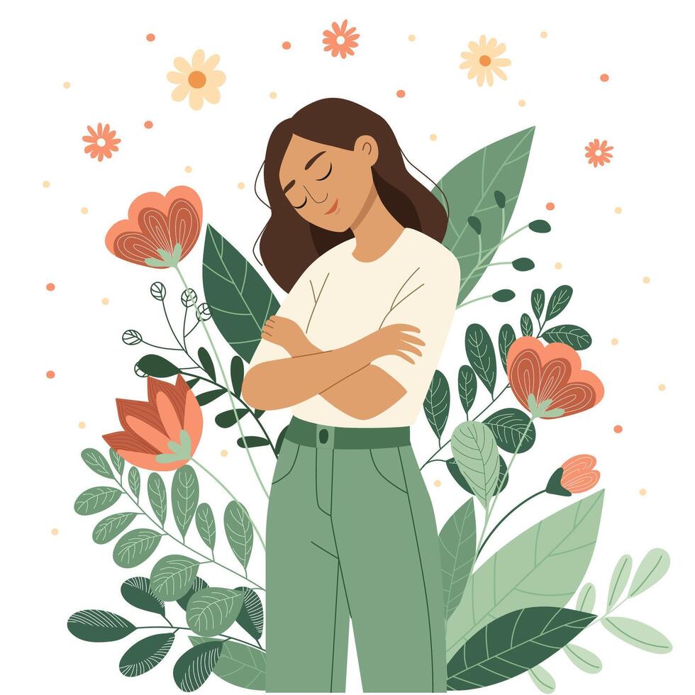 Woman hugging herself surrounded by green leaves, illustration of self-love and mental health concept. vector