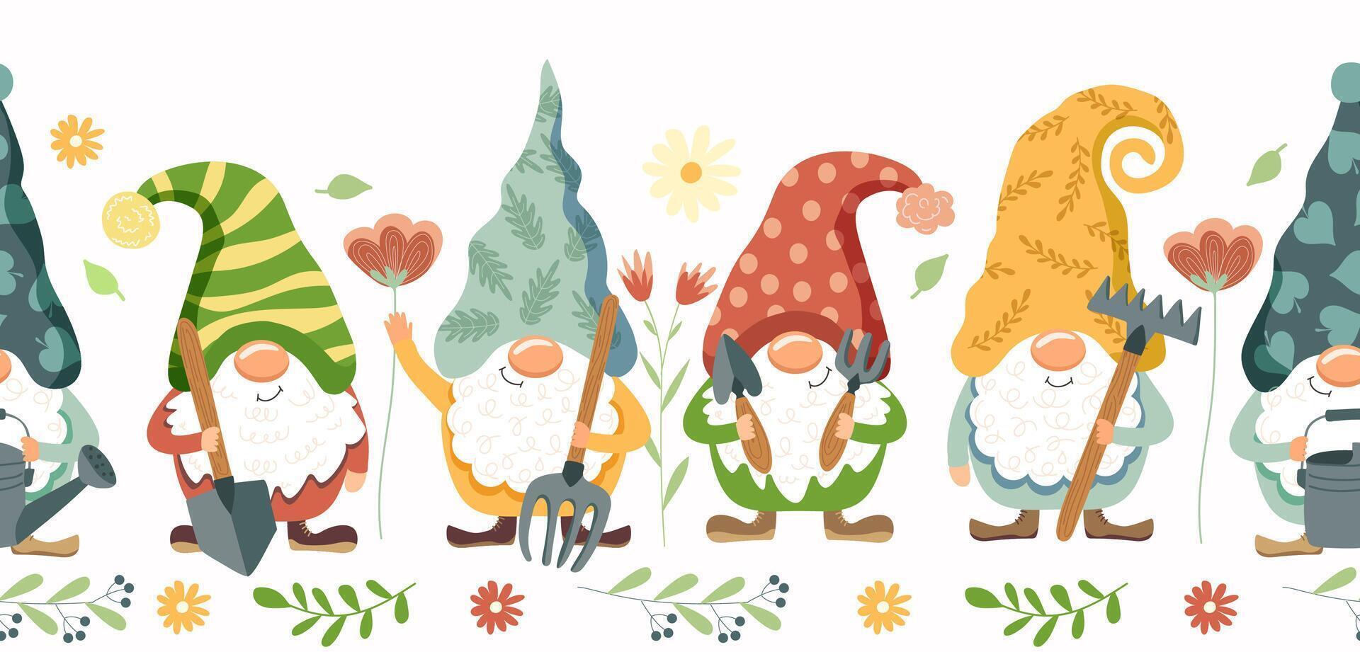 Cute garden gnome characters with gardening tools, flowers and foliage, seamless border illustrations for kids designs and spring. vector