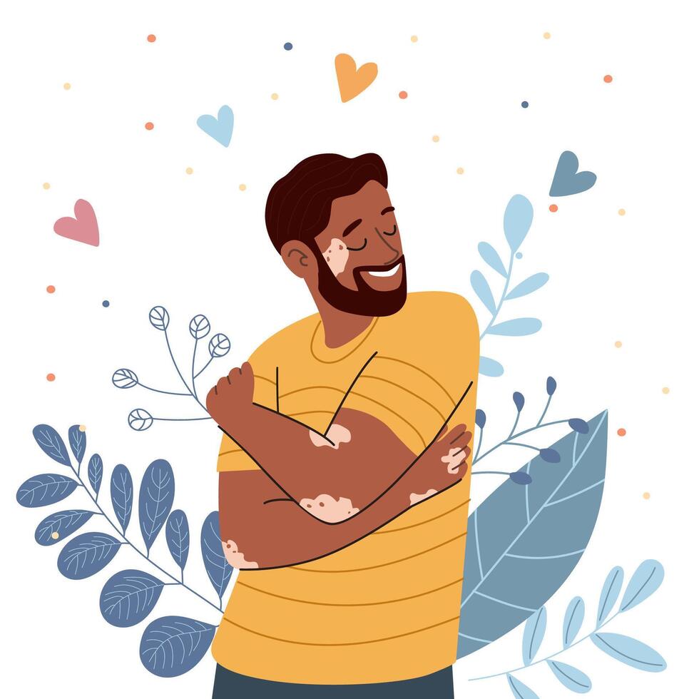 Man hugging himself with vitiligo embracing body positivity. Concept of mental health self care and unconditional love. vector