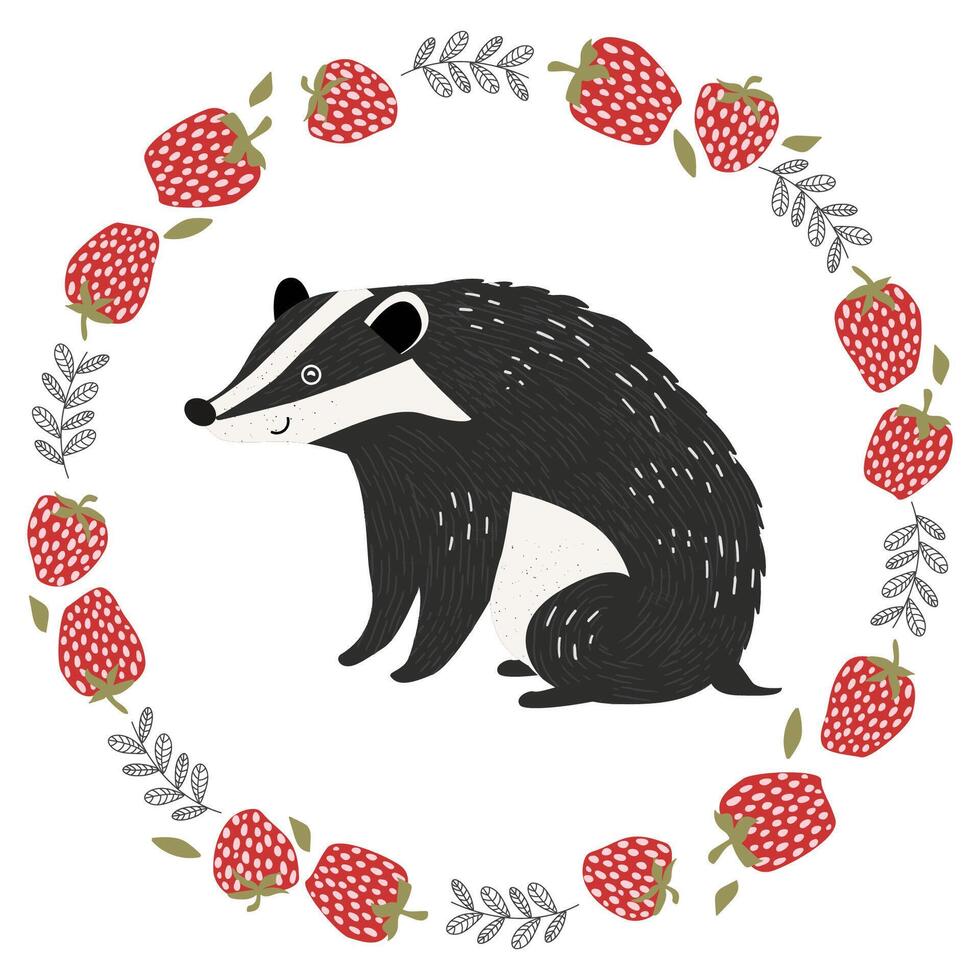 Cute badger sits in a round frame made of strawberries and leaves. illustration, perfect for children's design or spring theme. vector
