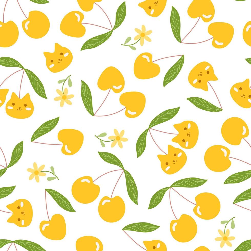 Seamless pattern with yellow cherry fruit in a flat cartoon style. Cute cat cherry fruit and green leaf on white background for wrapping paper. vector