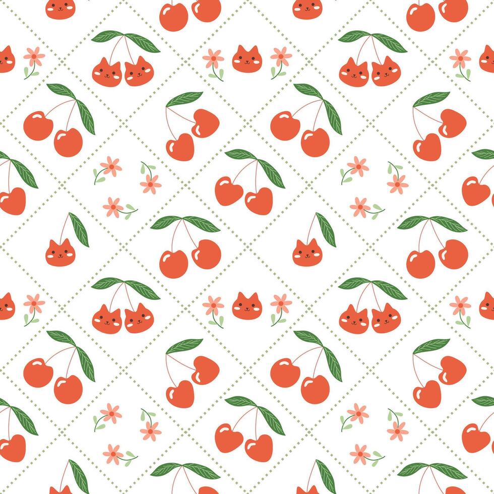 Cute cherry and cat pattern vector