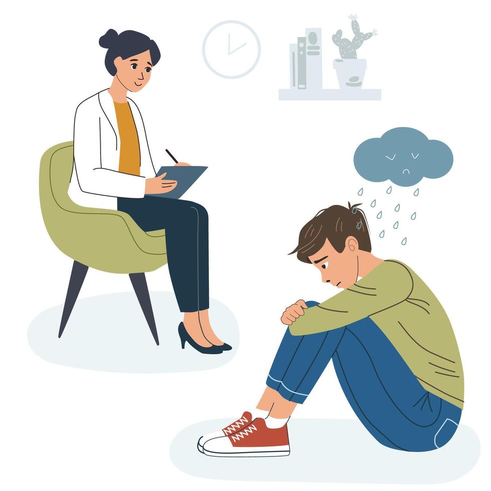 Female psychologist counseling depressed man under rain cloud. Mental health support and psychotherapy for patient, adolescent depression vector
