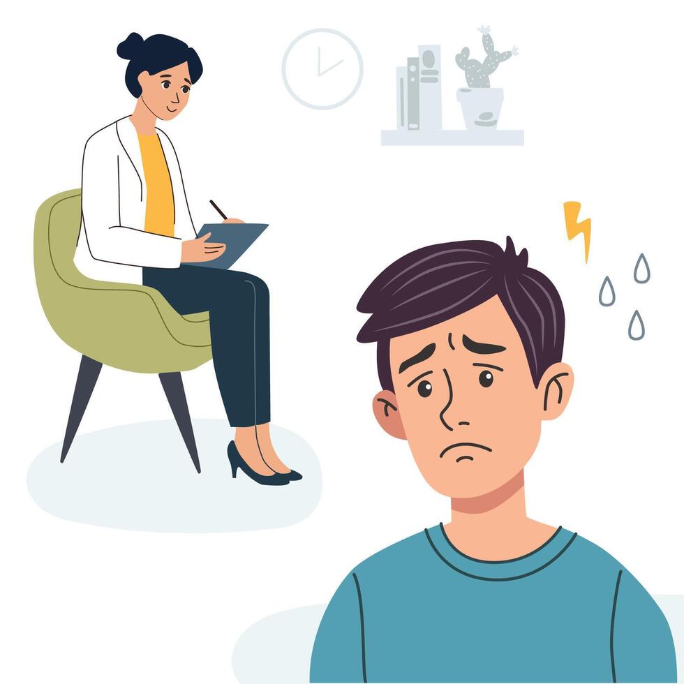 Female psychologist counseling sad patient, mental health support, psychotherapy session, emotional well-being, helping person, disease treatment guide vector