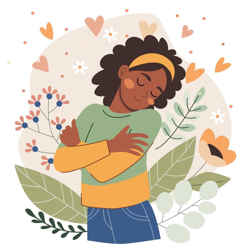 African American teenage girl hugging herself with closed eyes surrounded by hearts and flowers. Self-love and body positivity concept illustration. vector