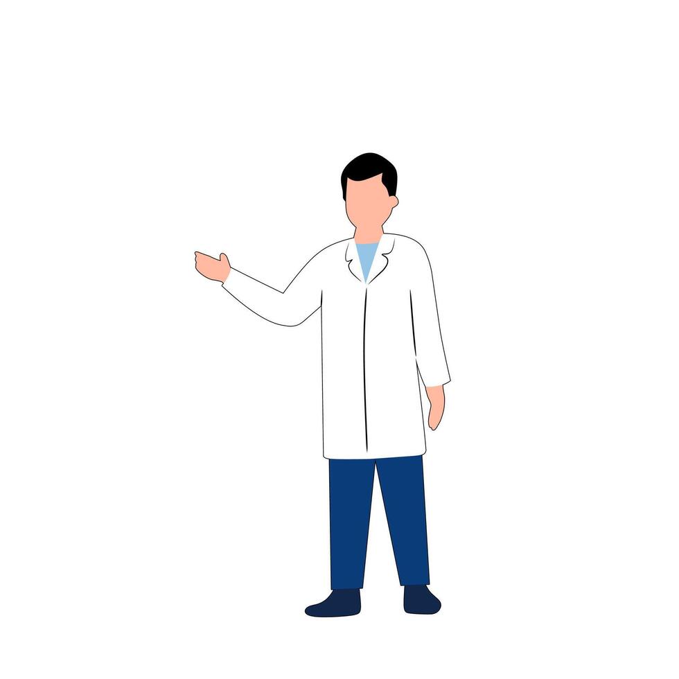 Flat illustration of a male doctor wearing a white coat and stethoscope. Medical professional character for health apps, infographics, or education vector