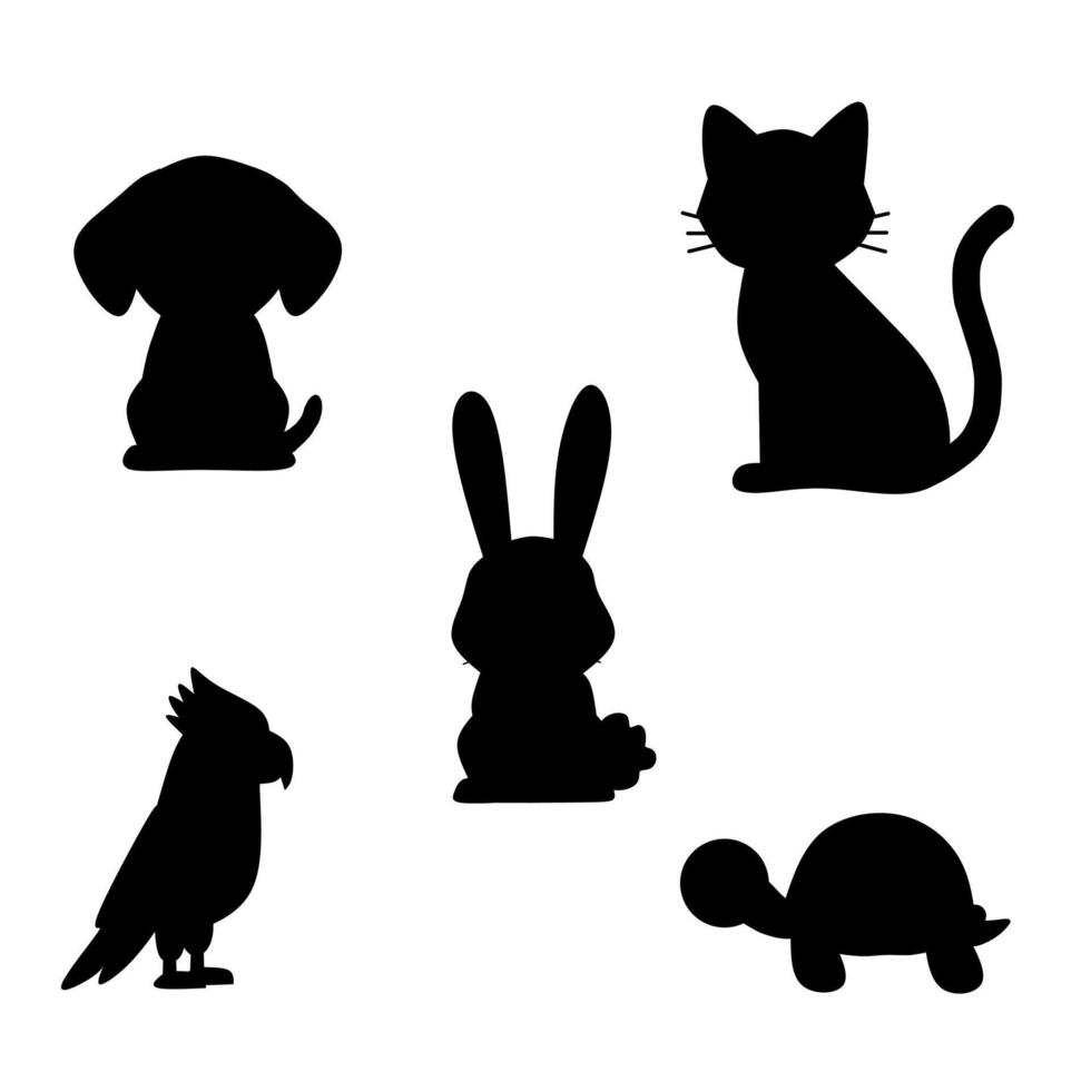 Collection of pet animal silhouettes including cat, dog, rabbit, parrot, and turtle. set ideal for pet care logos, icons, kids materials, or infographics vector