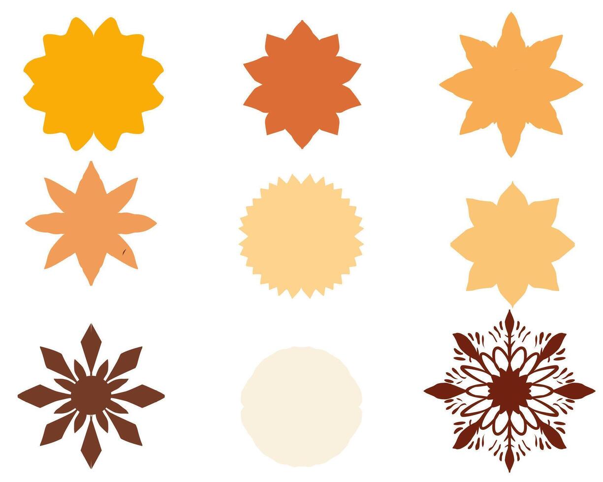 Set of abstract star and floral shapes in warm tones. Geometric decorative elements perfect for design templates, logos, backgrounds, or ornaments vector