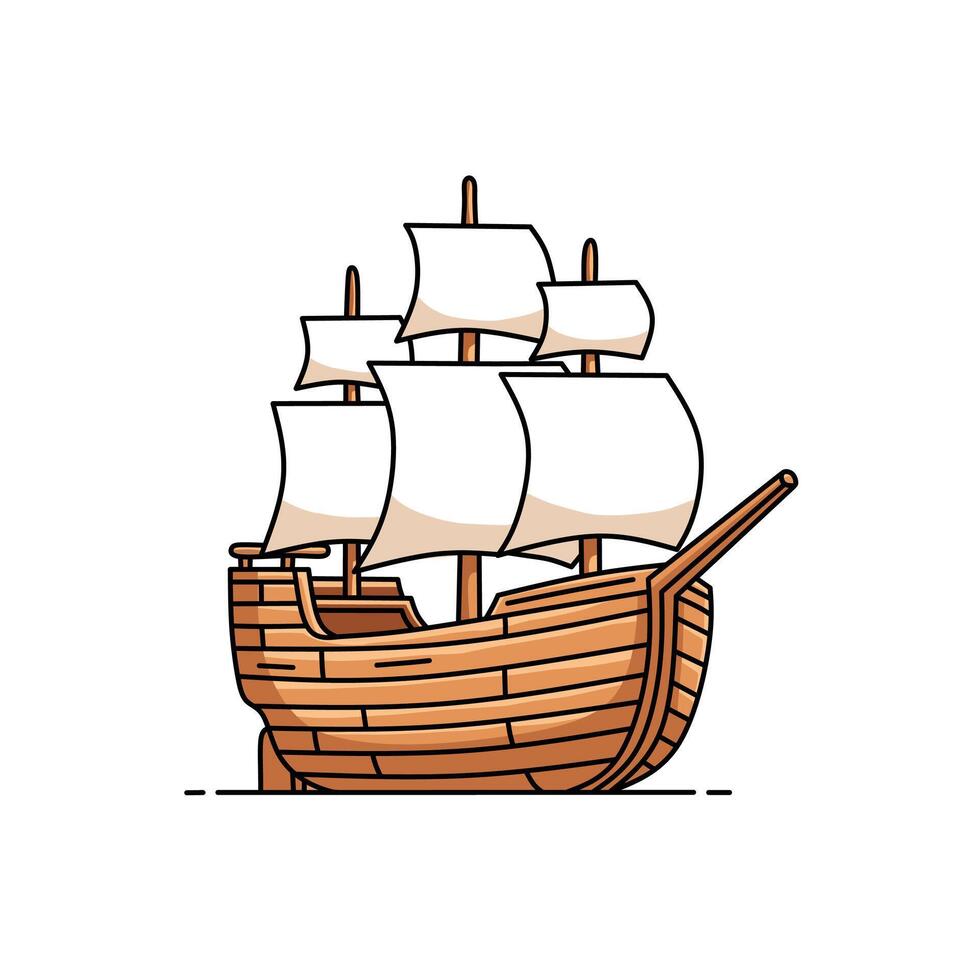 Vintage wooden sailing ship with white sails. illustration of an old vessel perfect for nautical themes, maritime logos, historical designs, and adventure concepts vector