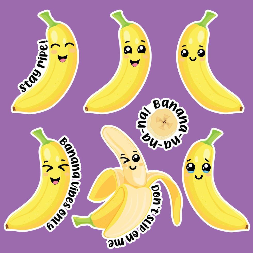 Cute banana stickers with happy faces vector