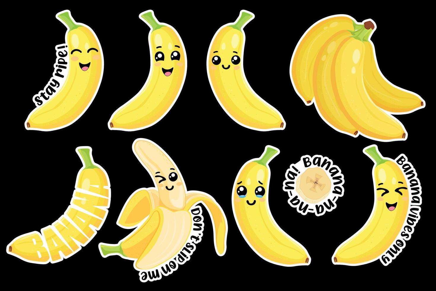 Cute Banana Stickers with Funny Faces and Playful Text on Black Background vector