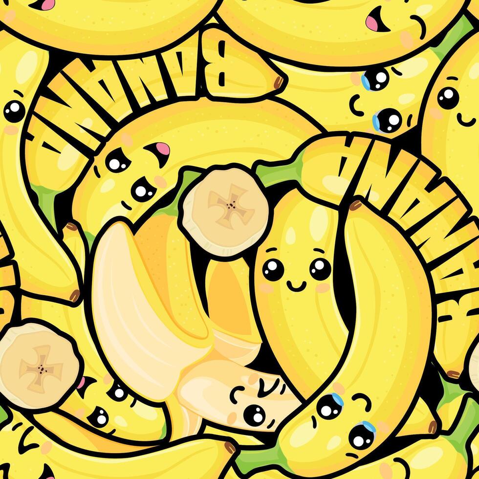 Seamless Banana Pattern with Cute Faces and Funny Text on Dark Background vector