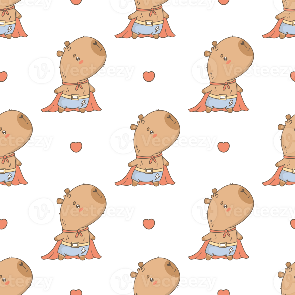 Romantic Superhero Capybara Seamless Pattern. Cute Cartoon Animal in Red Cloak png