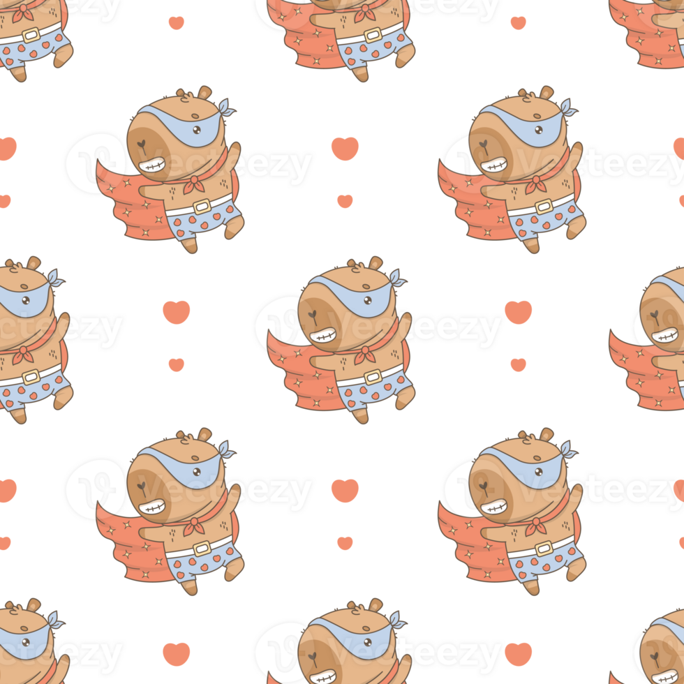 Cute Superhero Capybara Seamless Pattern. Cartoon Animal in Mask and Red Cloak png