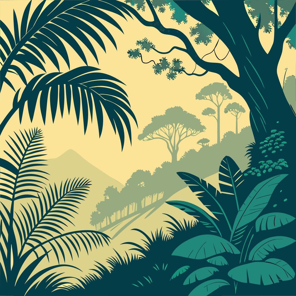 Lush tropical jungle landscape illustration featuring exotic palm trees and vibrant green rainforest scenery perfect for nature themed designs vector