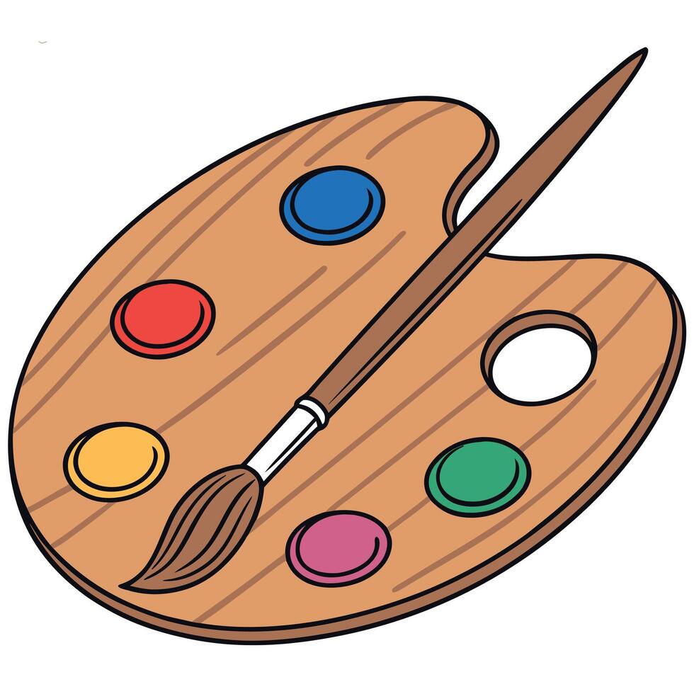 Wooden Artist Palette with Colorful Paints and Paintbrush Artistic Tool Illustration for Creative Studio and Painting Supplies vector