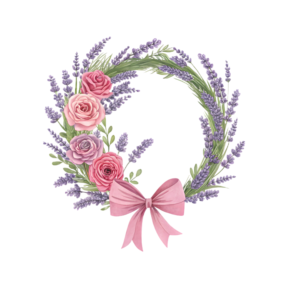 Lavenders Sprig and Pink Rose Floral Wreath with Pink Bow for Breast Cancer Awareness Campaign png
