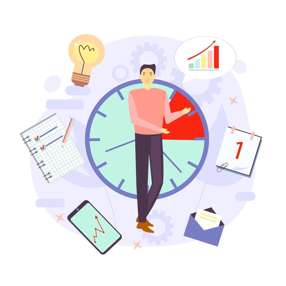 Productivity illustration. Watch. Effective time management elements for your design. Planning tasks, activities, schedules, working time. Characters people at work. vector