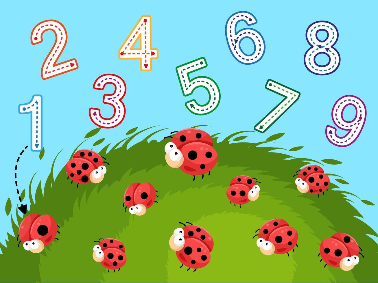 AdWriting practice. Kids game mathematic. Cute ladybugs. Tracing numbers. Logic lessons. Preschool exercise. Educational cards for children vector