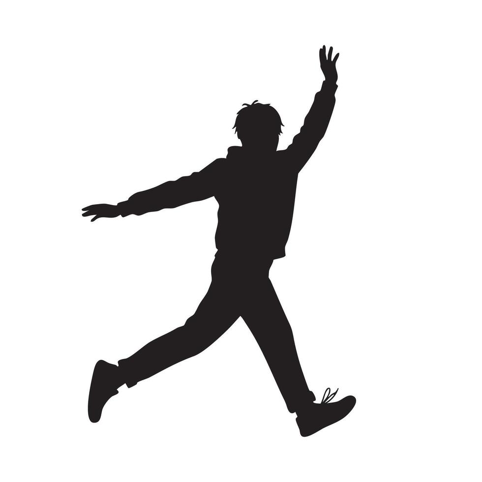 Joyful person jumping with arms raised silhouette isolated on white background vector