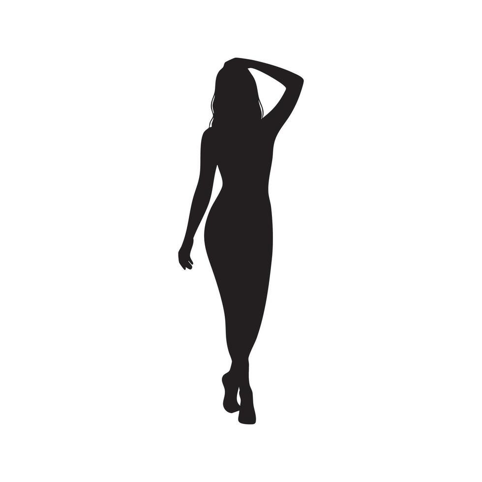 Elegant woman in a flowing dress posing silhouette isolated on white background vector