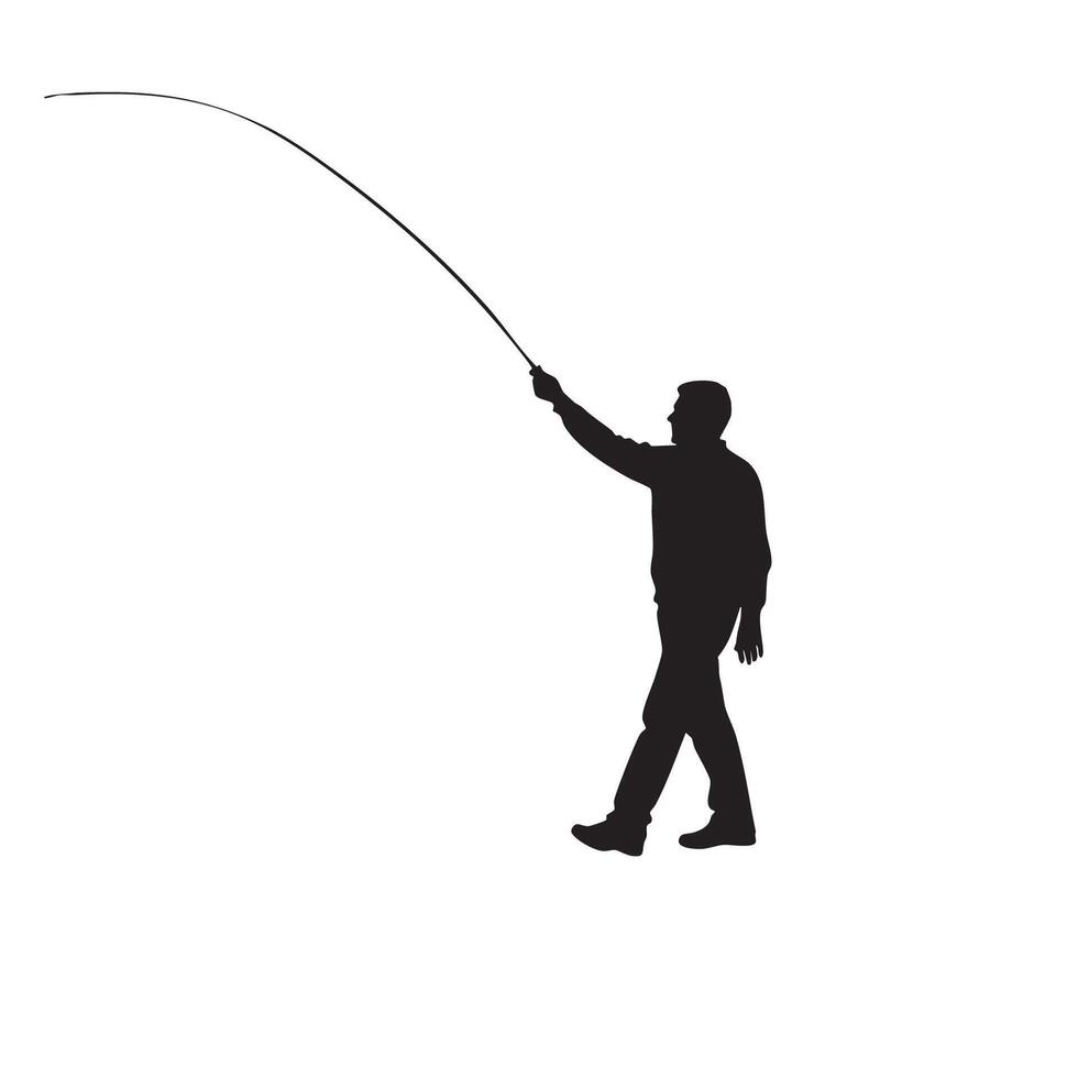 Fisherman casting a fishing rod silhouette isolated on white background vector