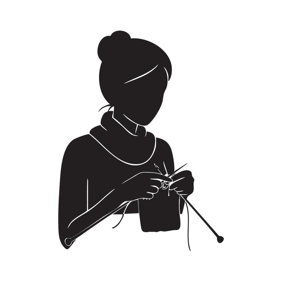 Woman knitting with a needle and thread vector