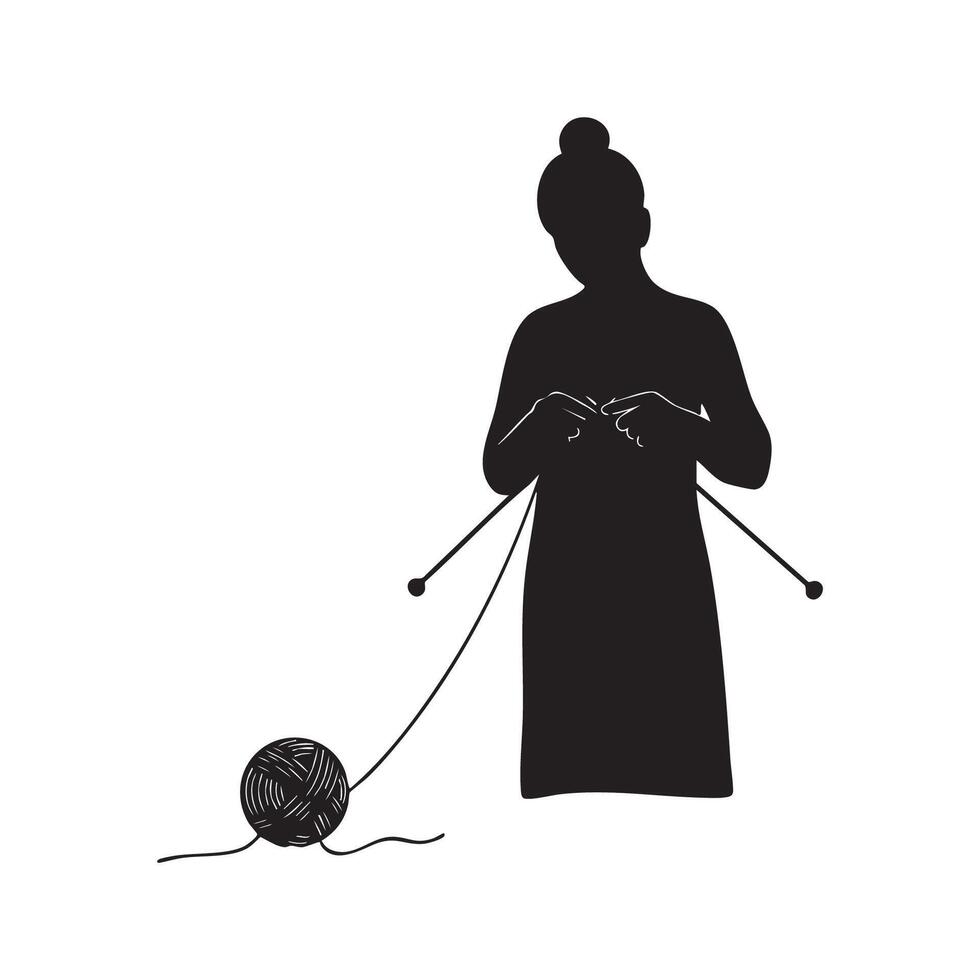A silhouette of a woman knitting with a ball of yarn vector