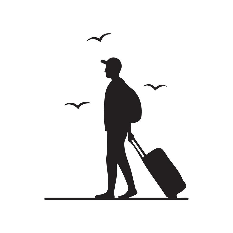 Silhouette of man with luggage and birds vector