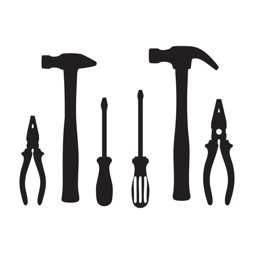 Collection of tools hammer pliers screwdriver silhouette isolated on white background vector