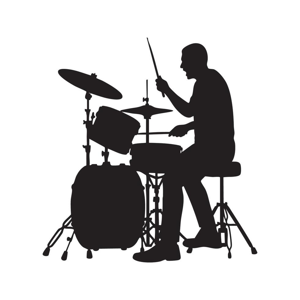 Silhouette of a drummer playing drums on a white background vector