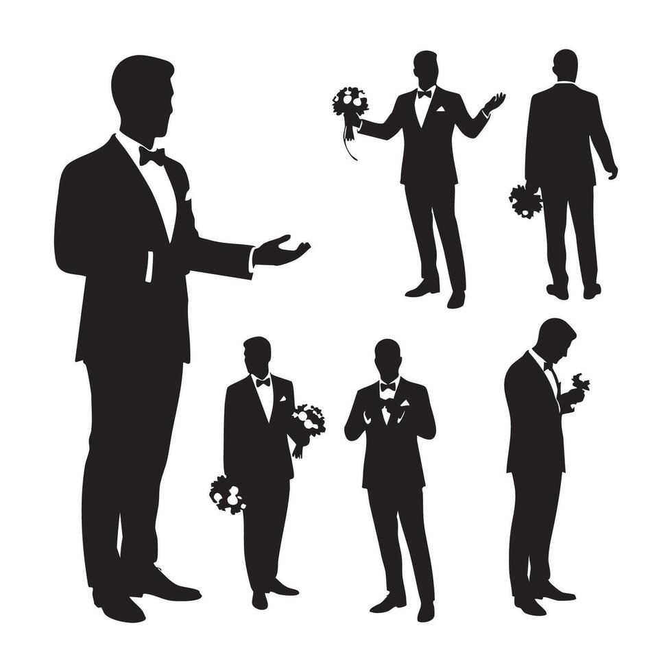 Groom silhouettes in tuxedos with bouquets isolated on white background silhouette vector