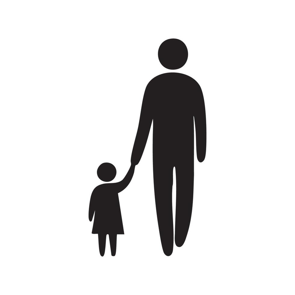 A black silhouette of a man and a child walking together vector