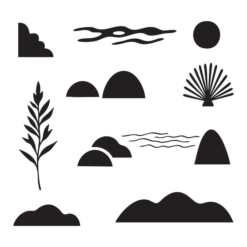 A set of black and white icons depicting various types of plants and animals vector
