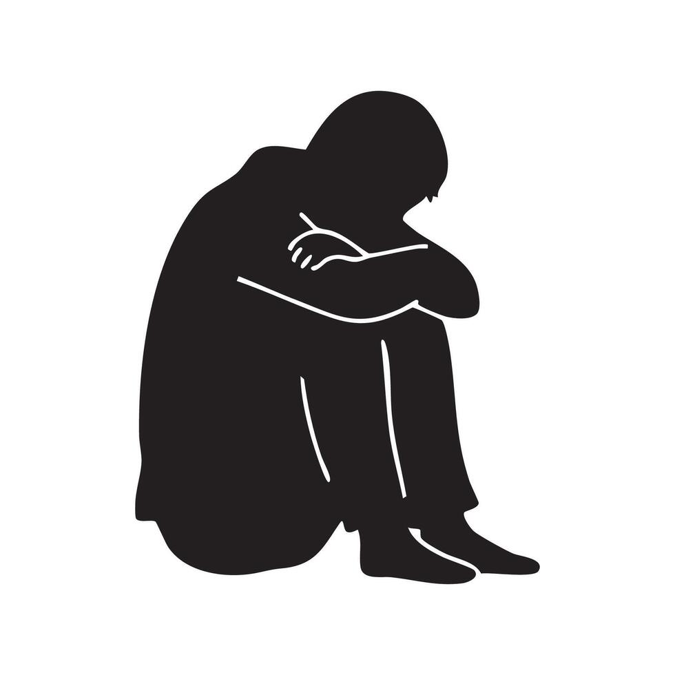 Sad person embracing knees silhouette isolated on white background vector