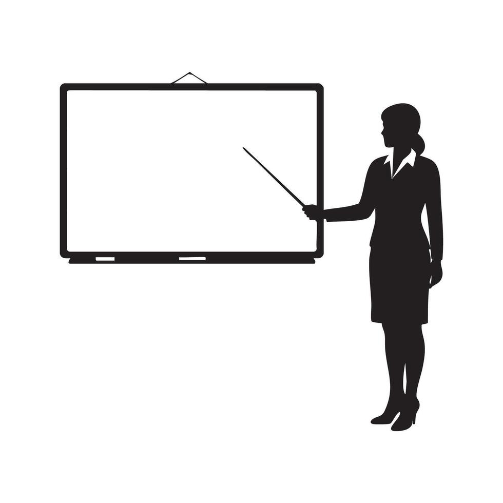 A woman in business attire is standing next to a whiteboard vector