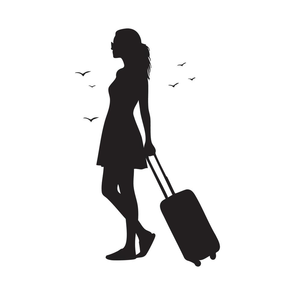 Silhouette of a woman with a suitcase and birds flying around her vector