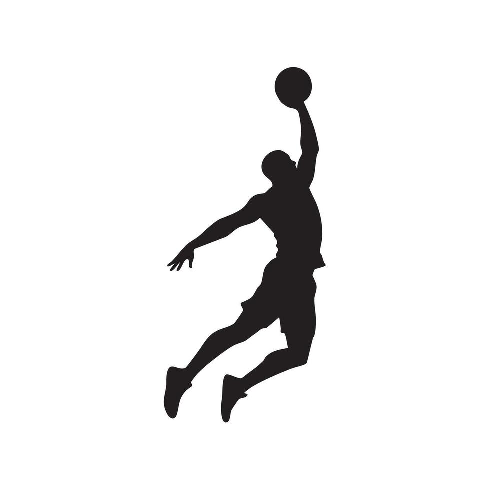 Basketball player in mid air making a slam dunk silhouette isolated on white background vector