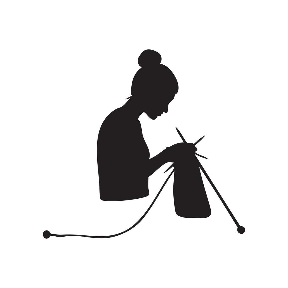 Woman knitting with a needle and yarn vector