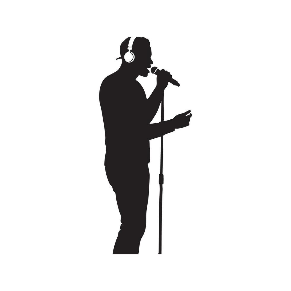 Silhouette of a man with headphones singing into a microphone vector