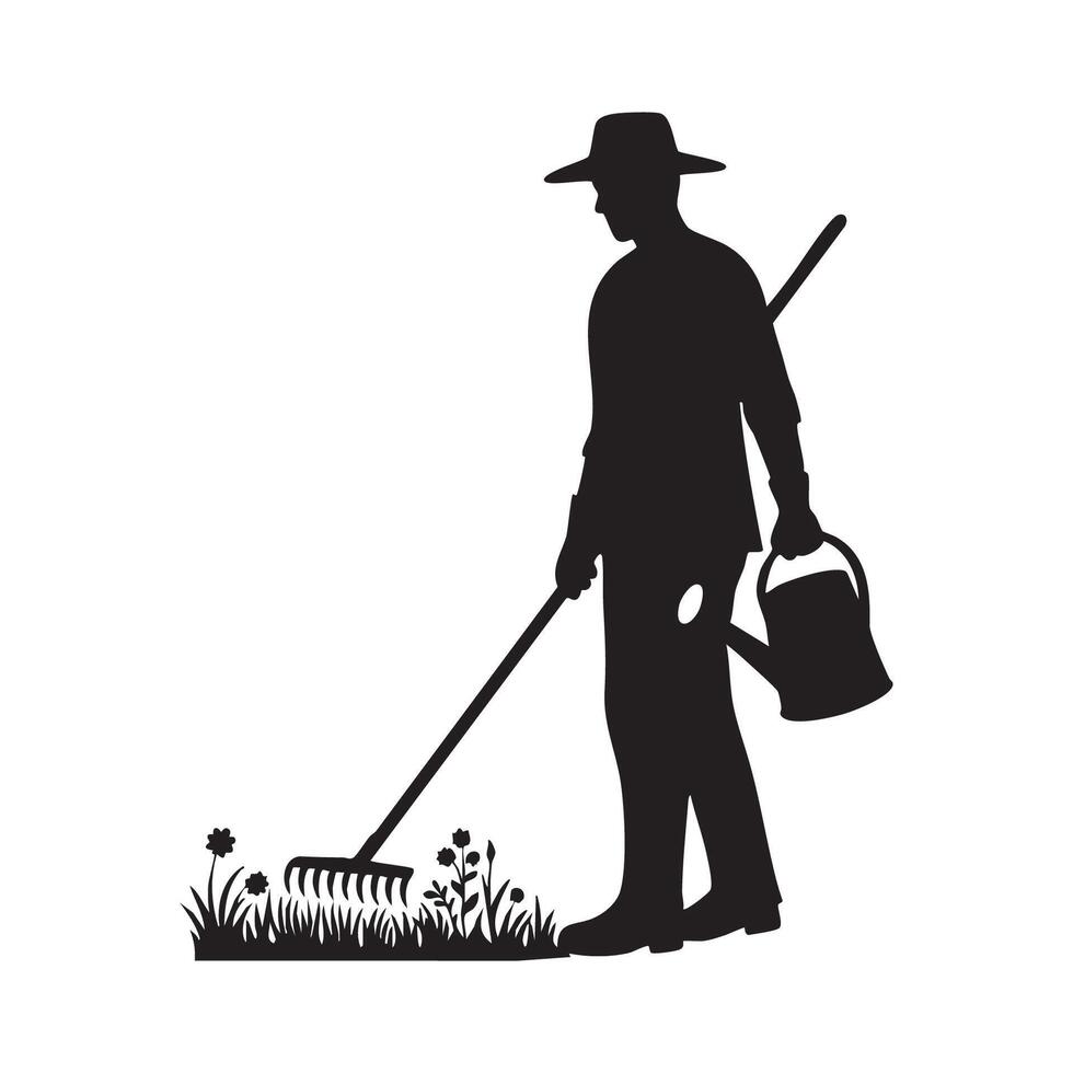 Silhouette of a man with a rake and watering can vector