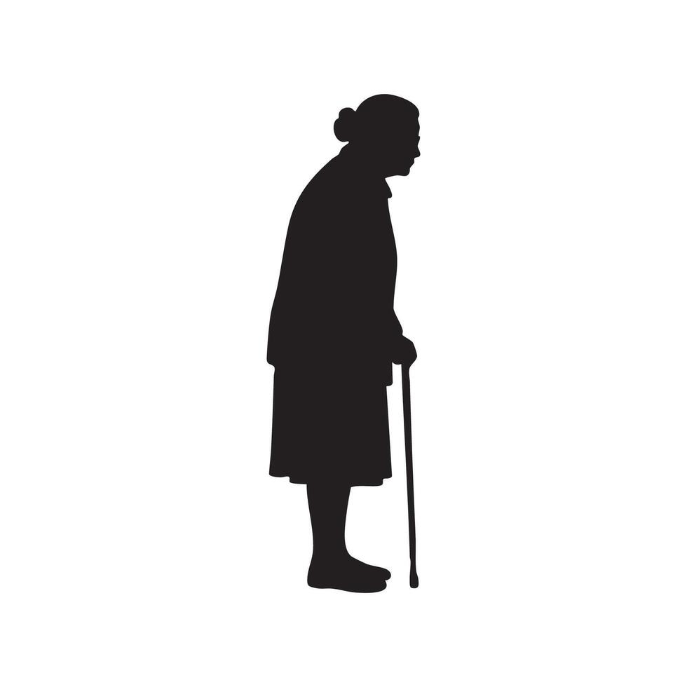 Elderly woman silhouette with cane isolated on white background vector