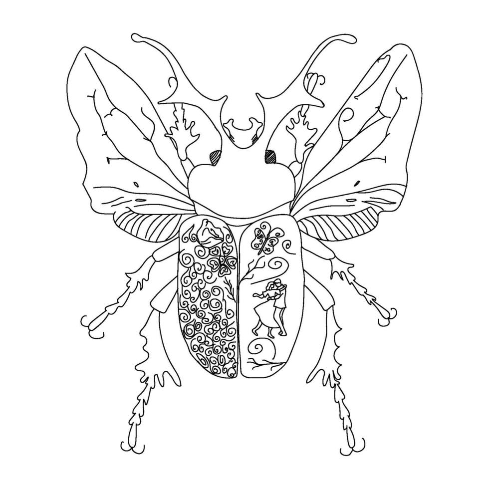Intricate black and white line art illustration of a decorative beetle featuring fantasy-inspired ornamental details, combining elements of nature, mythology, and folklore vector