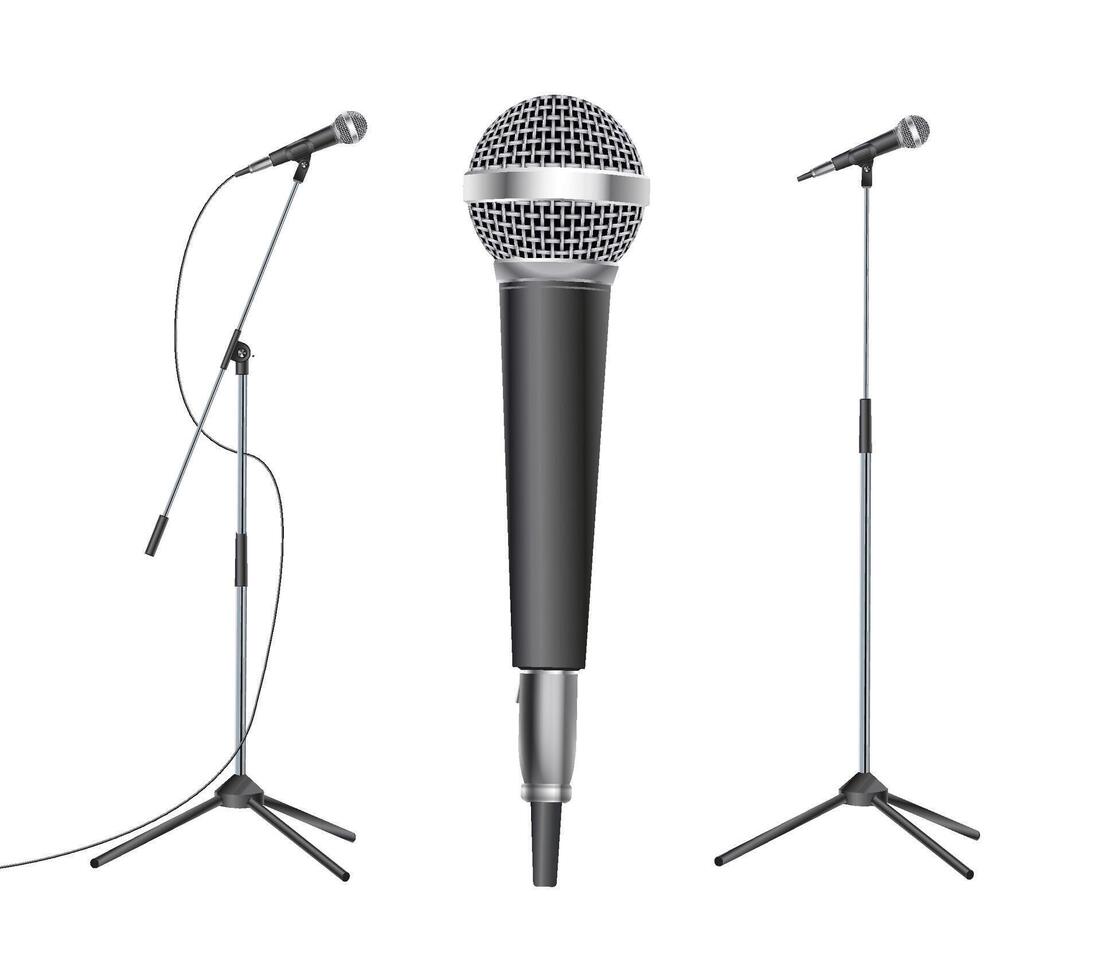 Three professional microphones on stands vector